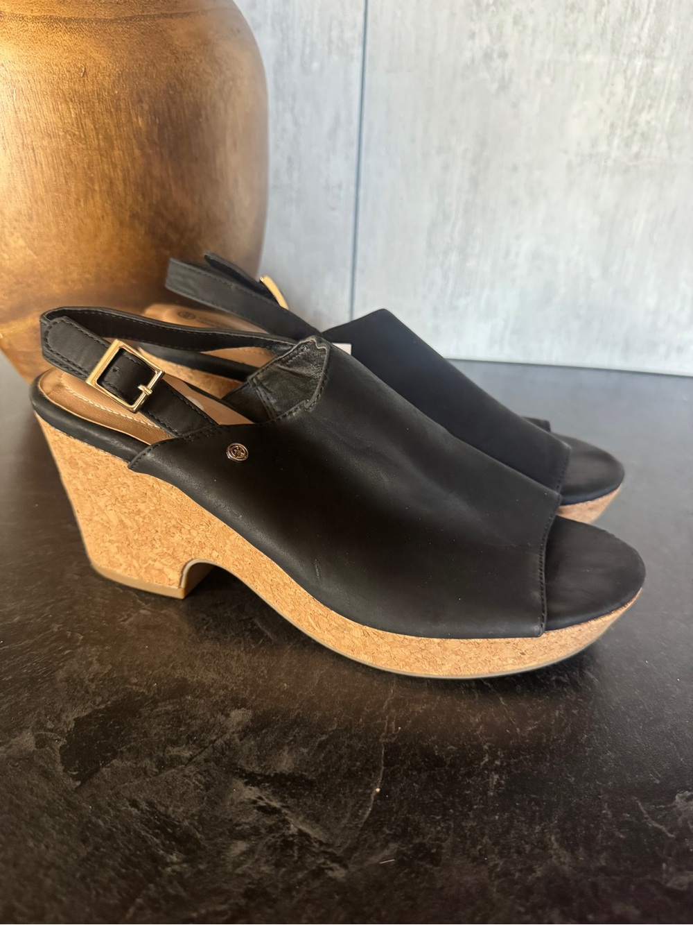Giani Bernini | Black Leather Cork Wedge Slingbacks | 9